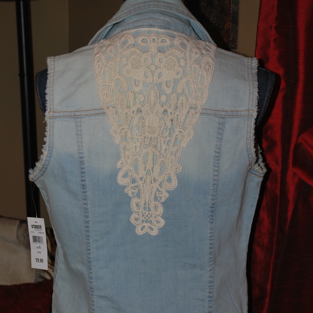 NWT Denim Vest with Crochet lace detail on back